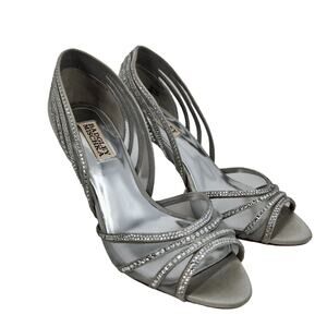 Badgley Mischka Silver Crystal Rhinestone Open Toe Leather Sole Pumps Size 7.5